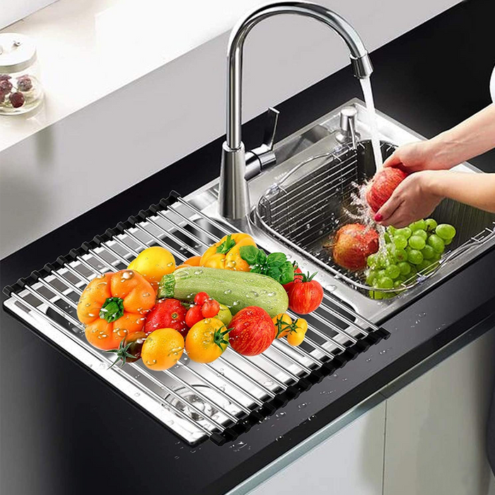 Kitchen Over the Sink Dish Drying Rack Roll Up Stainless Steel Colander Drainer - Smart Living Box