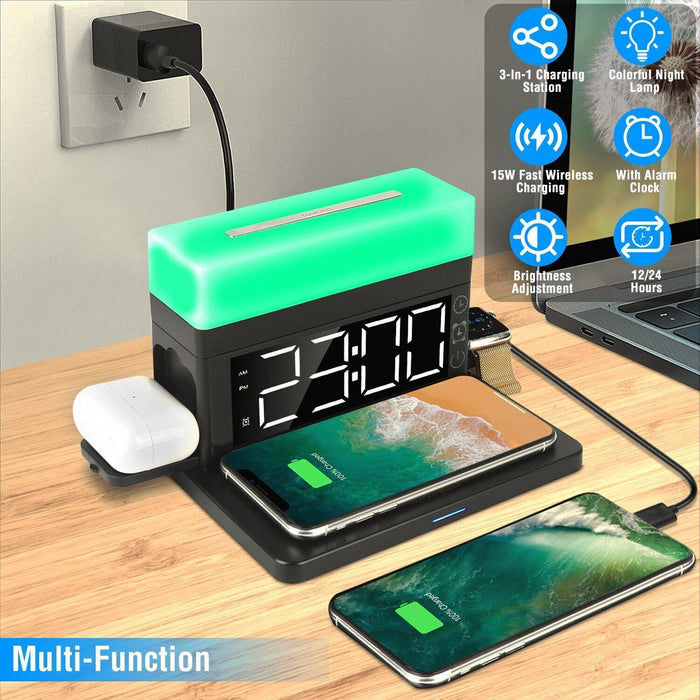3-In-1 15W Fast Wireless Charging Station Dock 7-Color Flashing Alarm Clock Lamp - Smart Living Box